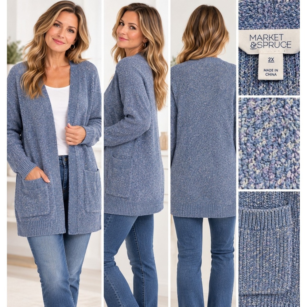 Market & Spruce Cardigan 2X Dusty Blue Lavender Open Front Pocket Sweater